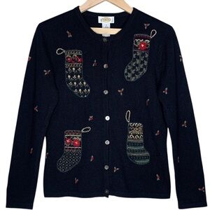Vintage Talbots Lambswool Cardigan S Black Holiday Christmas Stockings Holly